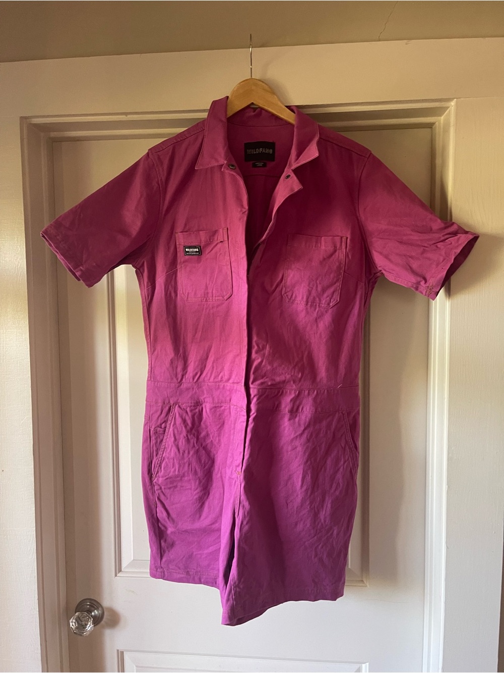 Wildfang Vibrant Fuchsia Short-Sleeve Utility Romper - Picture 2 of 4